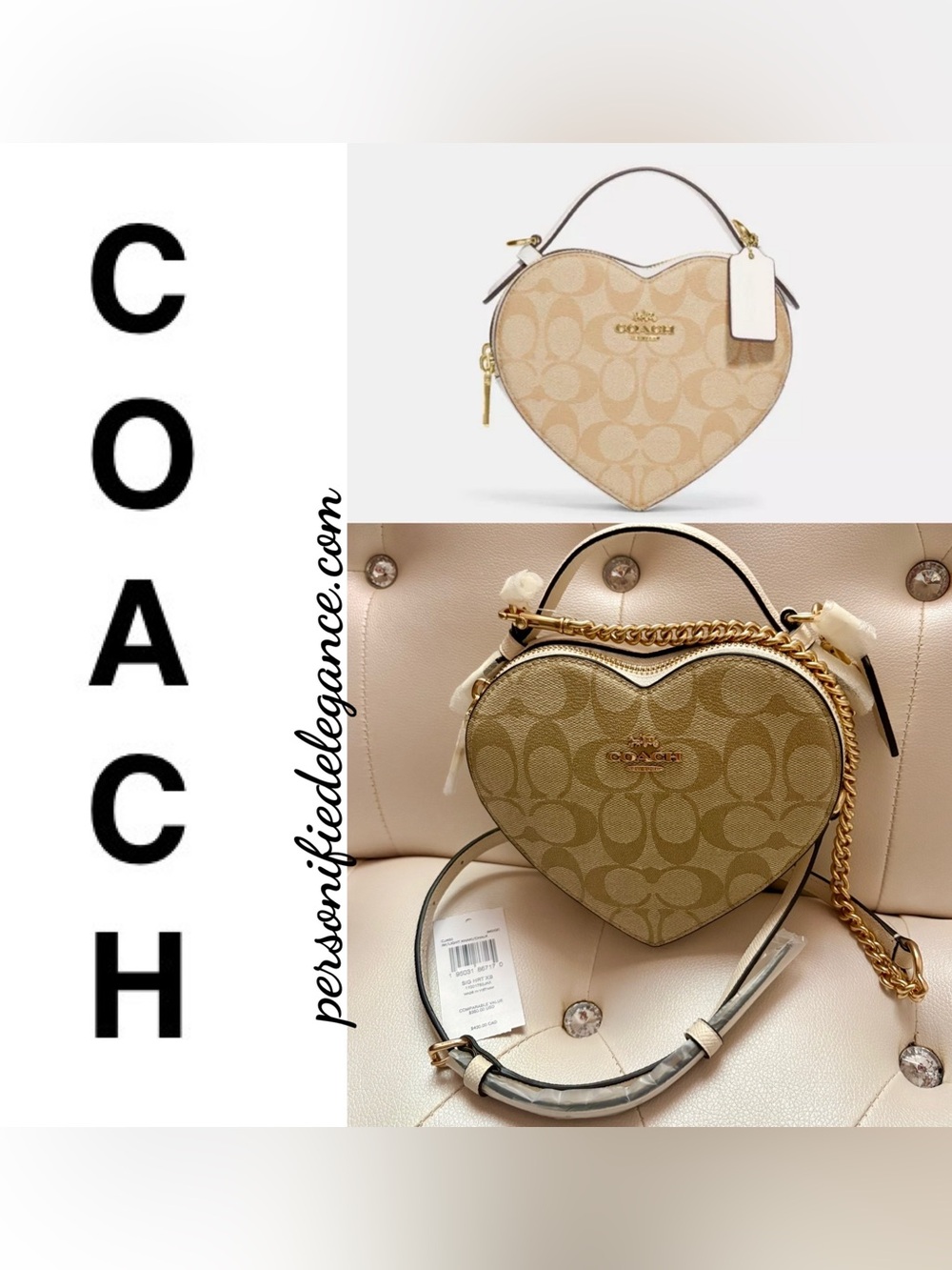 NEW Coach Heart Shaped Beige Signature Print Coated Canvas Leather Crossbody
